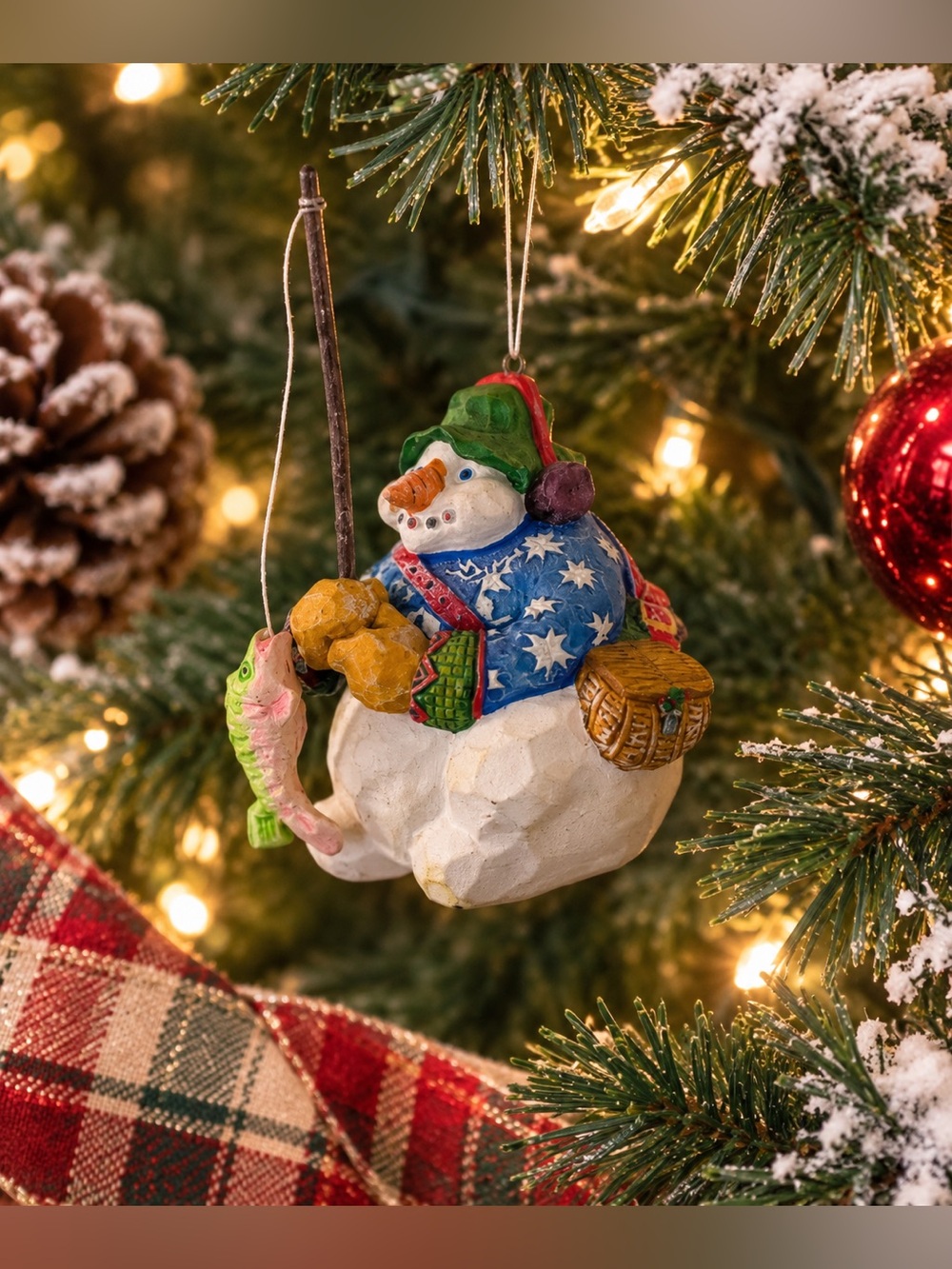 Vintage Collectable Festive Jolly Snowman Fishing Fisherman Ornament